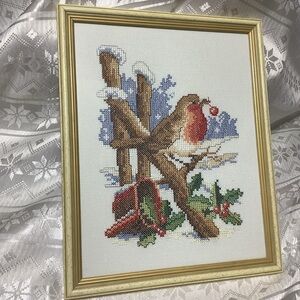 Cross Stitch Christmas Robin Handmade Glass Frame